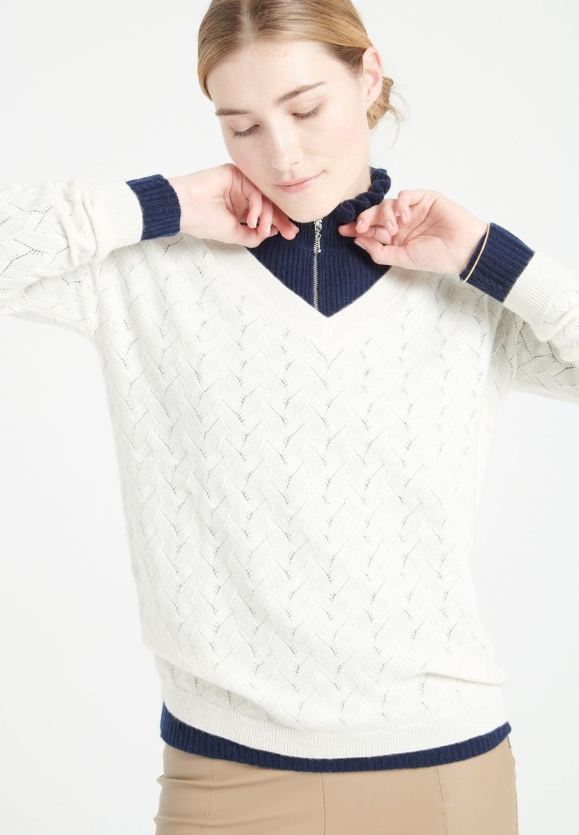 Pull col V cachemire écru femme - LILLY 27