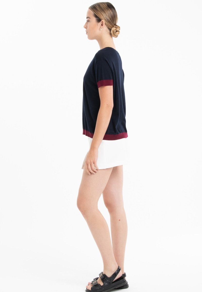 T-shirt col rond ultrafin cachemire et laine bleu marine/rouge bordeaux femme - KELLY 1