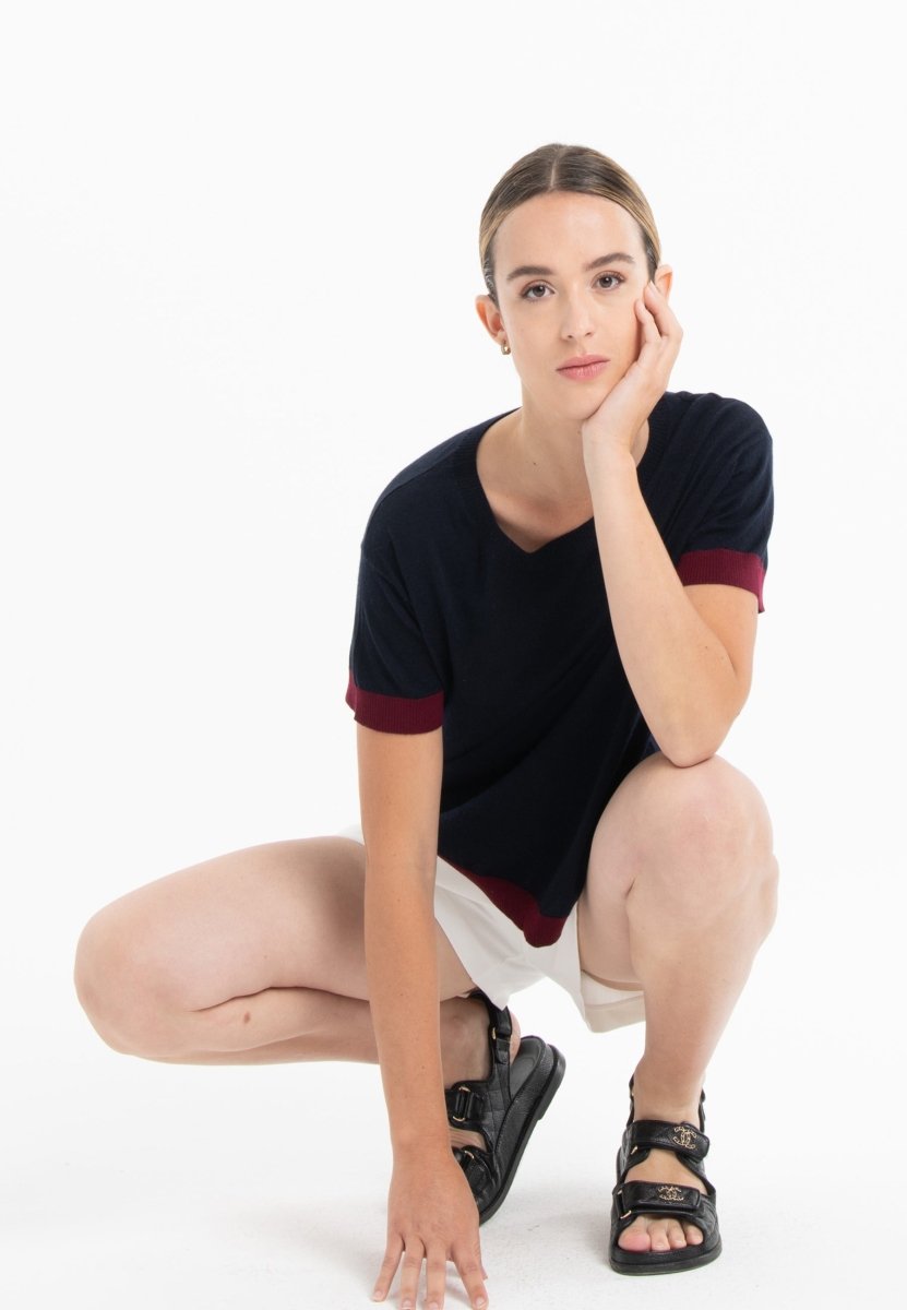 T-shirt col rond ultrafin cachemire et laine bleu marine/rouge bordeaux femme - KELLY 1