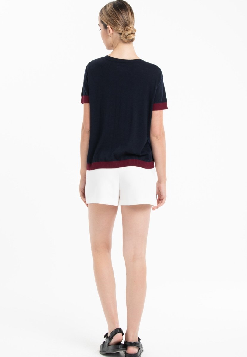 T-shirt col rond ultrafin cachemire et laine bleu marine/rouge bordeaux femme - KELLY 1
