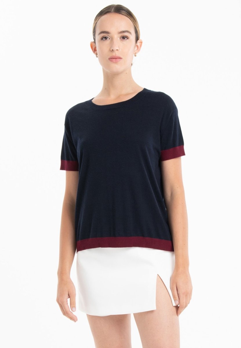 T-shirt col rond ultrafin cachemire et laine bleu marine/rouge bordeaux femme - KELLY 1